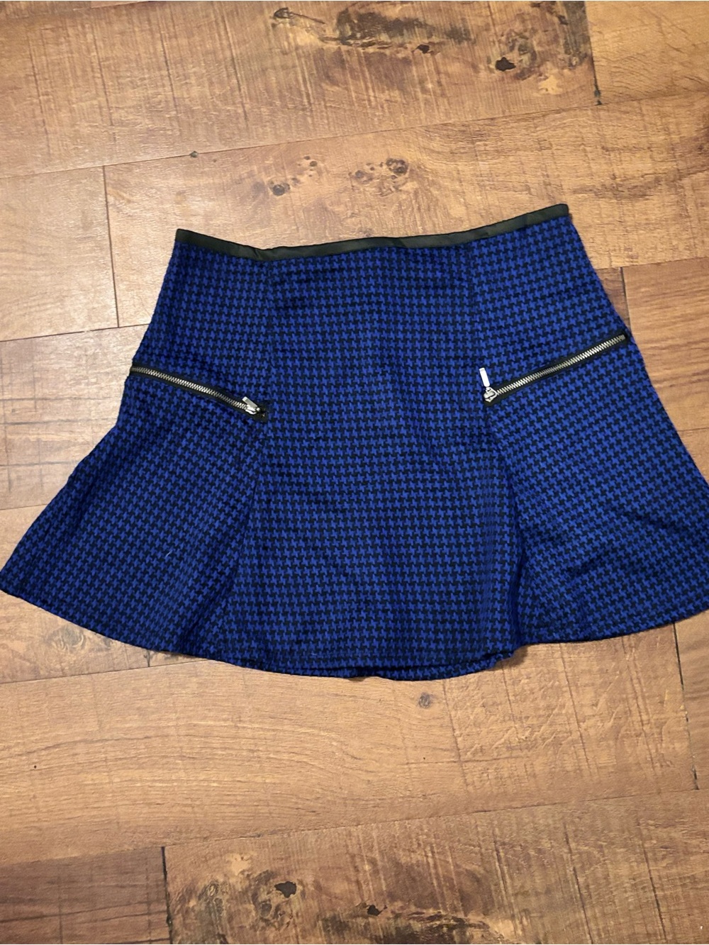 Stoosh Blue Houndstooth Circle Skater Skirt with Zip Details